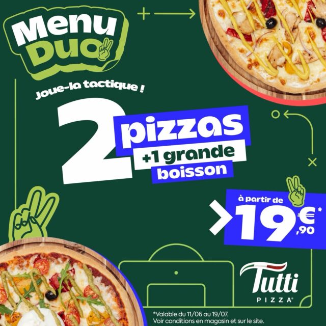 Le Menu Duo est de retour. Et son timing est parfait ! ⚽🍕

2 pizzas + 1 grande boisson à partir de 19,90€, si c’est pas parfait pour se poser tranquillement devant les matchs ?

T’as plus qu’à choisir la compo de tes pizzas ! 

Offre valable du 11/06 au 19/07. 

#tuttipizza #tuttilovers #pizzalovers #pizzatime #pizzagram
